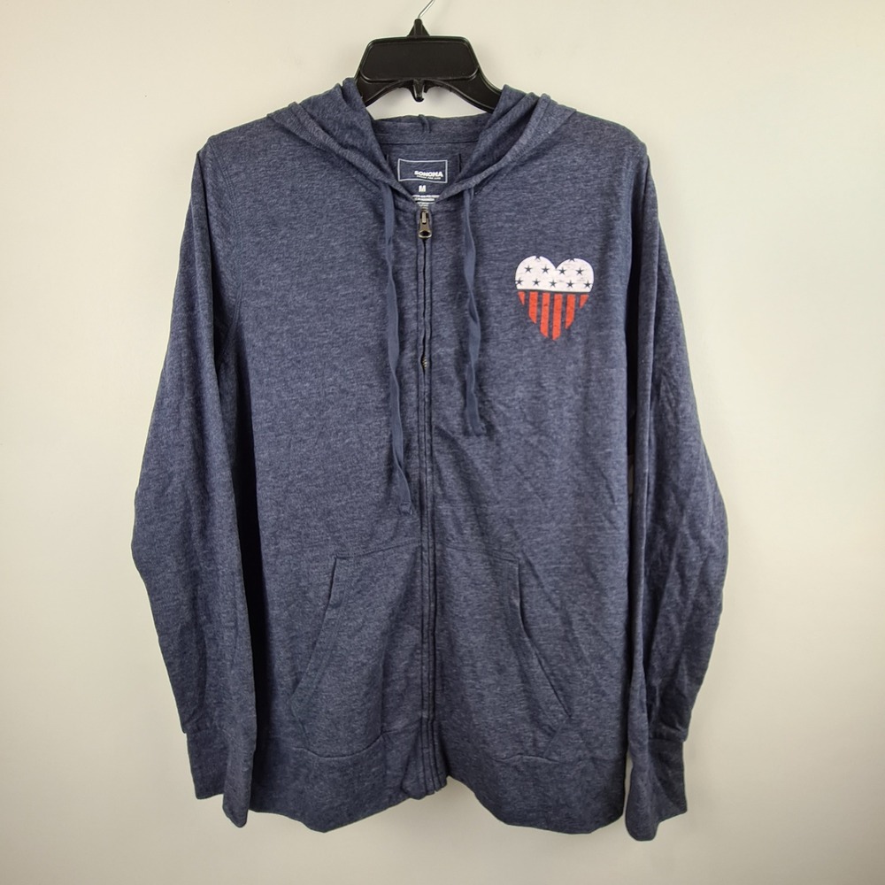 Sonoma Goods For Life Women Blue American Flag Heart Zip Up Hoodie Medium NWT